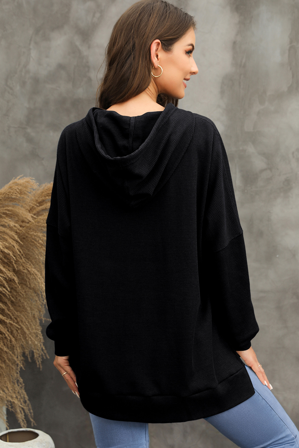Women's Black Waffle Knit Fleece Lined Oversized Hoodie - Detail View 6 Women's Black Waffle Knit Fleece Lined Oversized Hoodie - Detail View 6
