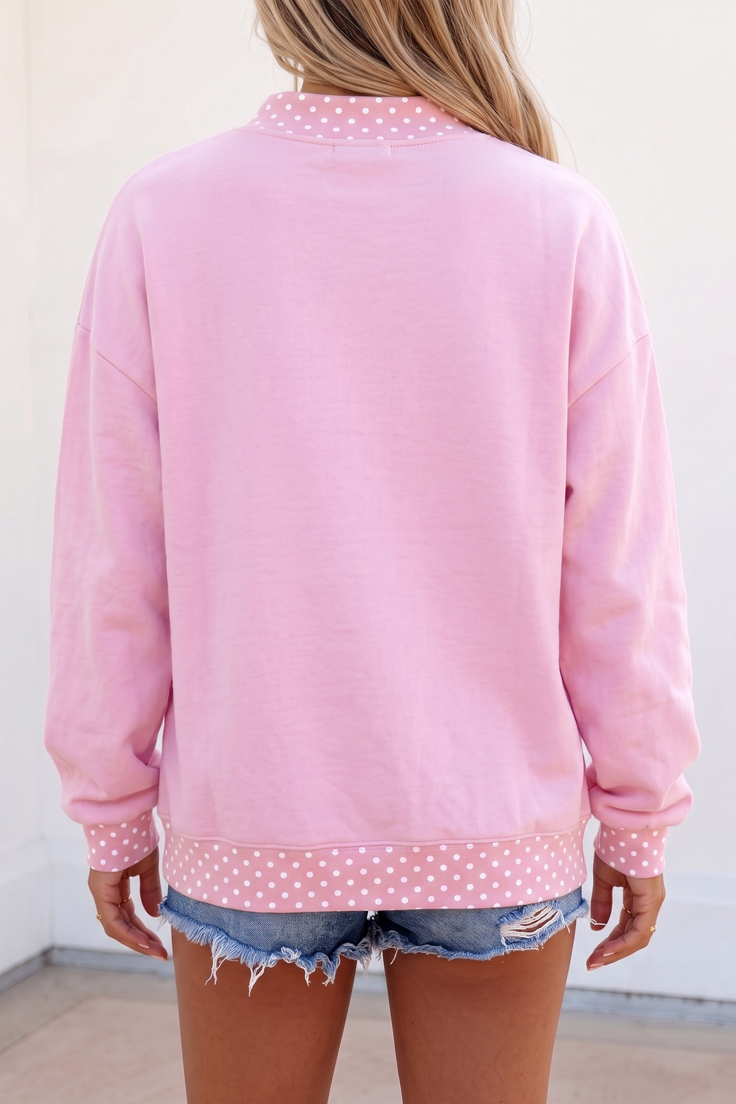 Women's Letter Print Pullover, Pink Polka Dot Sweatshirt - Detail View 2 Women's Letter Print Pullover, Pink Polka Dot Sweatshirt - Detail View 2