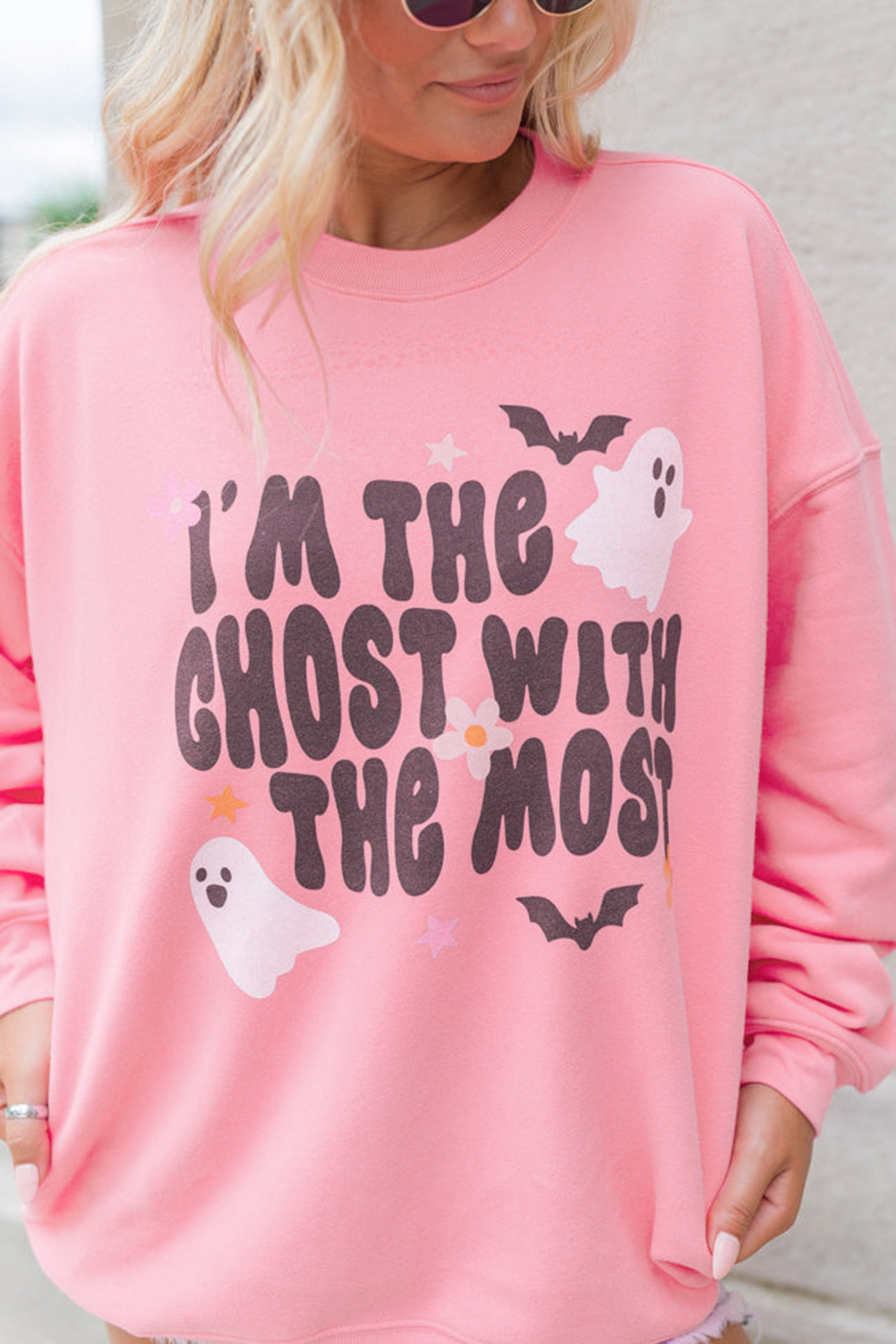Women's Cozy Pink Halloween Slogan Ghost Bat Graphic Drop Shoulder Sweatshirt - Detail View 6 Women's Cozy Pink Halloween Slogan Ghost Bat Graphic Drop Shoulder Sweatshirt - Detail View 6