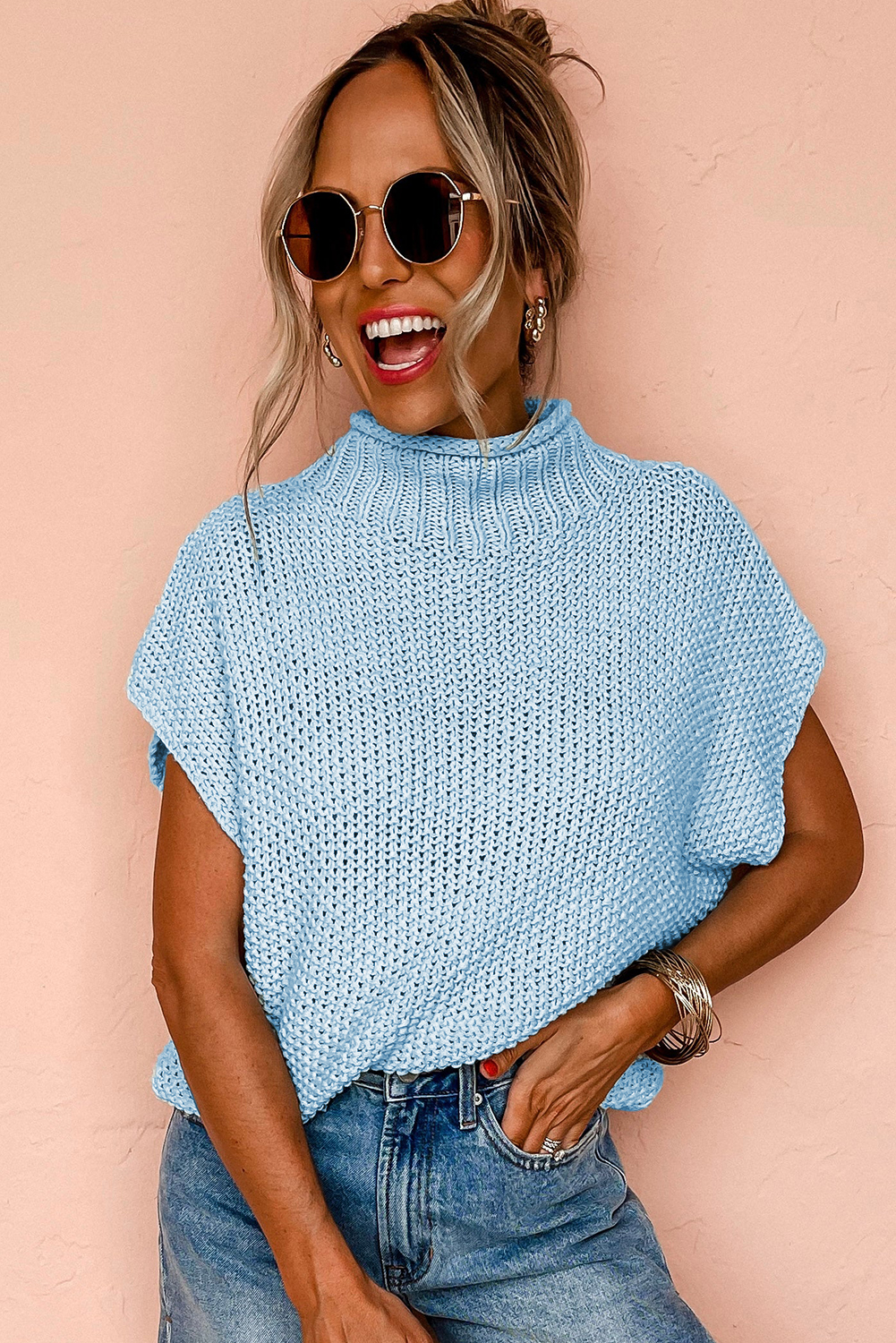 Women's Iceland Blue High Neck Bat Wing Sleeveless Knitted Sweater - Detail View 6 Women's Iceland Blue High Neck Bat Wing Sleeveless Knitted Sweater - Detail View 6