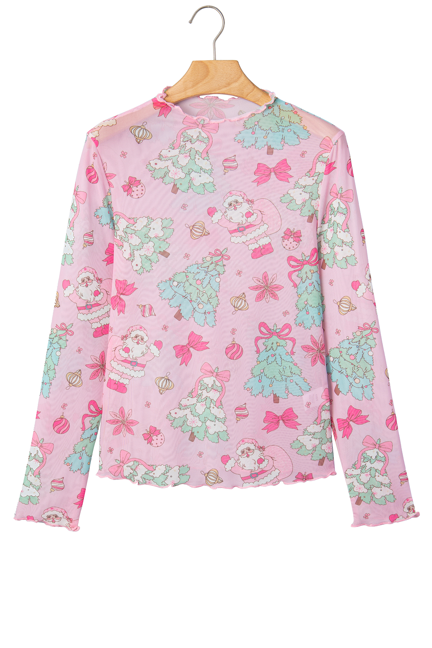 Pink Christmas Sheer Top, Stand Neck Slim Fit Women's Layer - Detail View 7 Pink Christmas Sheer Top, Stand Neck Slim Fit Women's Layer - Detail View 7