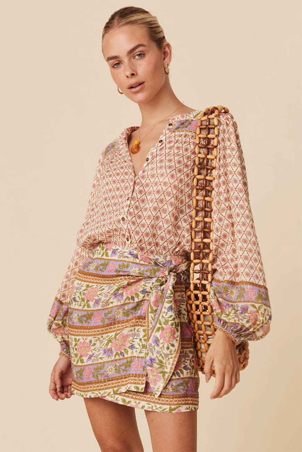 Women's Boho Polyester Blouse, Lightweight Floral V Neck - Detail View 3 Women's Boho Polyester Blouse, Lightweight Floral V Neck - Detail View 3