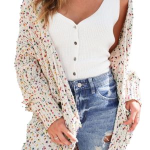 Women's White Multicolor Dotted Rib Knit Long Sleeve Cardigan - Main View