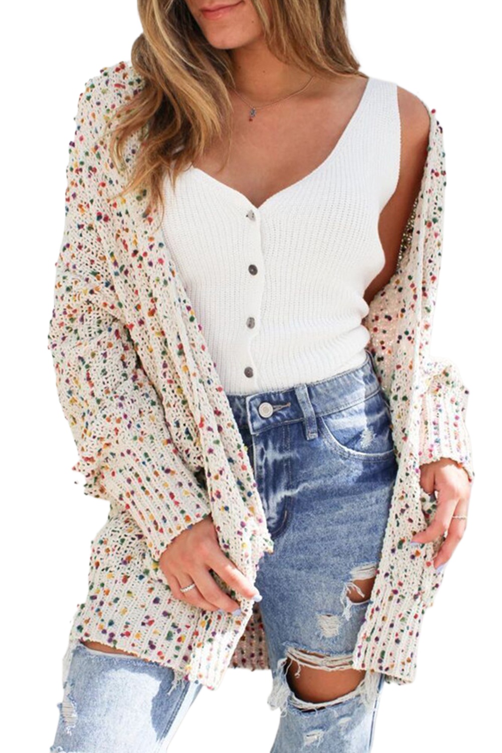 Women's White Multicolor Dotted Rib Knit Long Sleeve Cardigan - Main View Women's White Multicolor Dotted Rib Knit Long Sleeve Cardigan - Main View