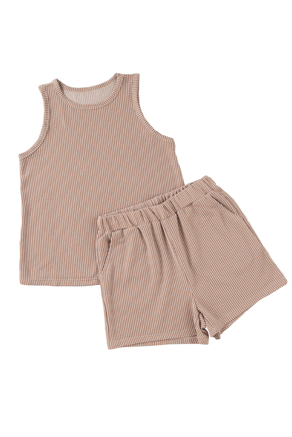 Women's Ribbed Sleeveless Set, Smoke Gray Casual Shorts Outfit - Detail View 7 Women's Ribbed Sleeveless Set, Smoke Gray Casual Shorts Outfit - Detail View 7