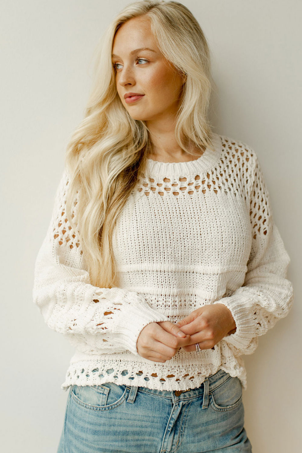 Women's Pointelle Knit Sweater, Elegant Puff Sleeve Pullover - Detail View 7 Women's Pointelle Knit Sweater, Elegant Puff Sleeve Pullover - Detail View 7