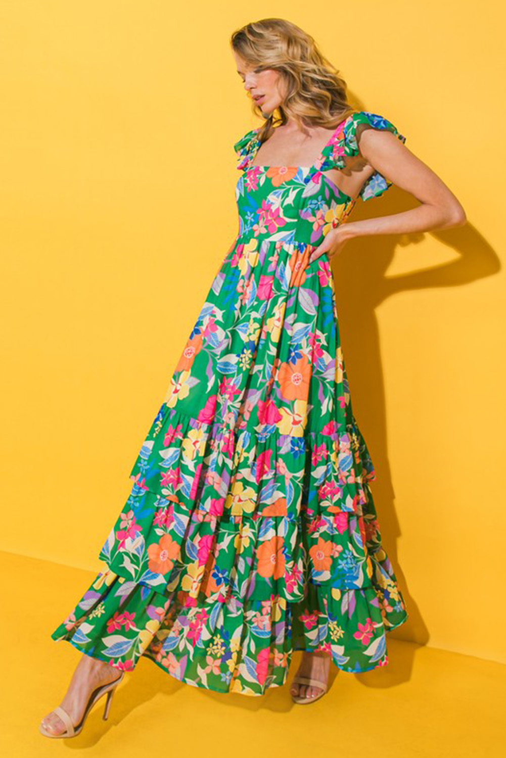 Vibrant Floral Ruffle Tiered Maxi Dress - Perfect for Vacation or Daily Wear - Detail View 7 Vibrant Floral Ruffle Tiered Maxi Dress - Perfect for Vacation or Daily Wear - Detail View 7