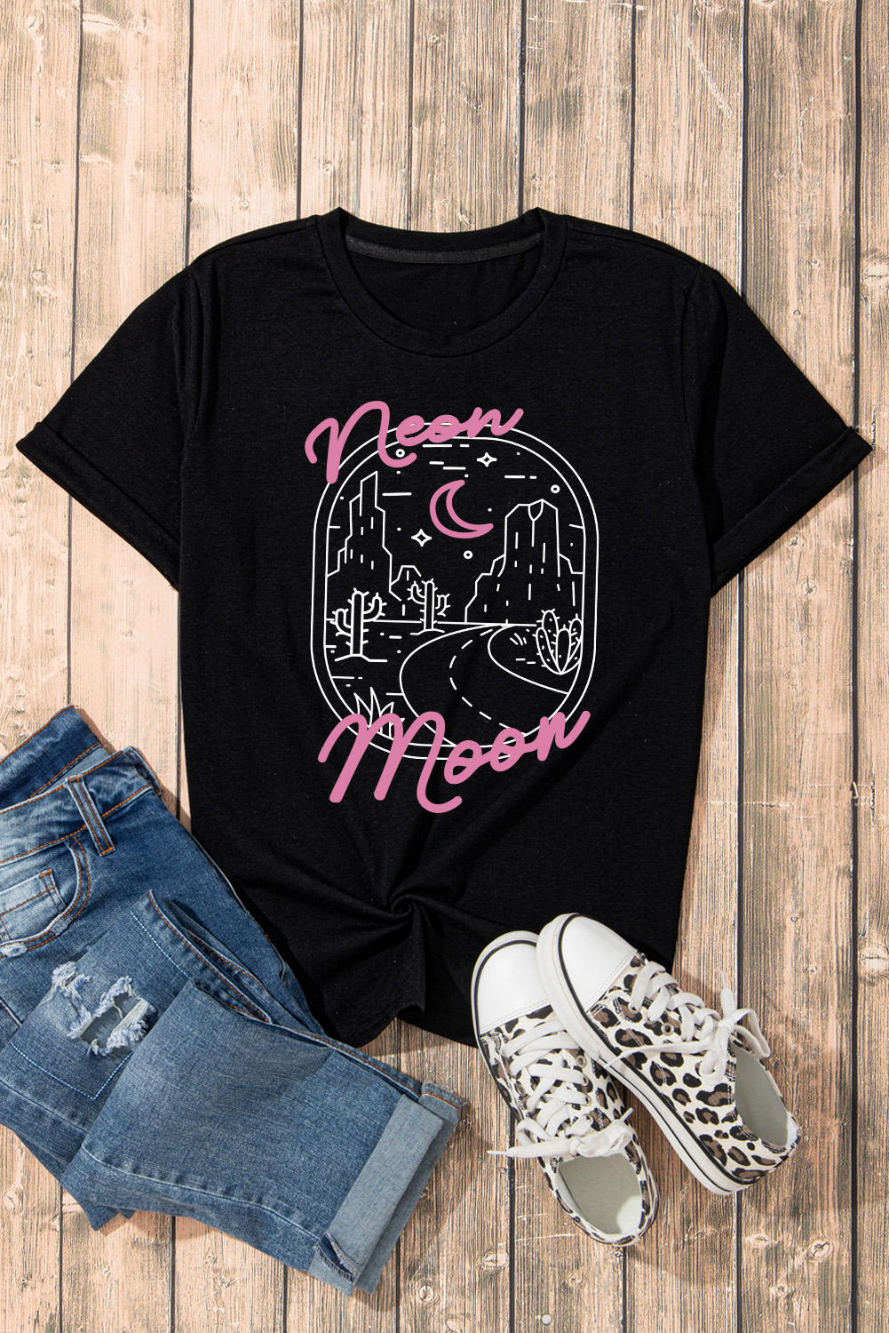 Women's Graphic Tee, Black, Neon Moon Letter, Short Sleeve, Crew Neck, Celestial, Trendy, Western, Graphic Print, Desert Landscape, Dark Denim, Leggings, Casual Wear, Graphic Sweatshirt - Detail View 10 Women's Graphic Tee, Black, Neon Moon Letter, Short Sleeve, Crew Neck, Celestial, Trendy, Western, Graphic Print, Desert Landscape, Dark Denim, Leggings, Casual Wear, Graphic Sweatshirt - Detail View 10