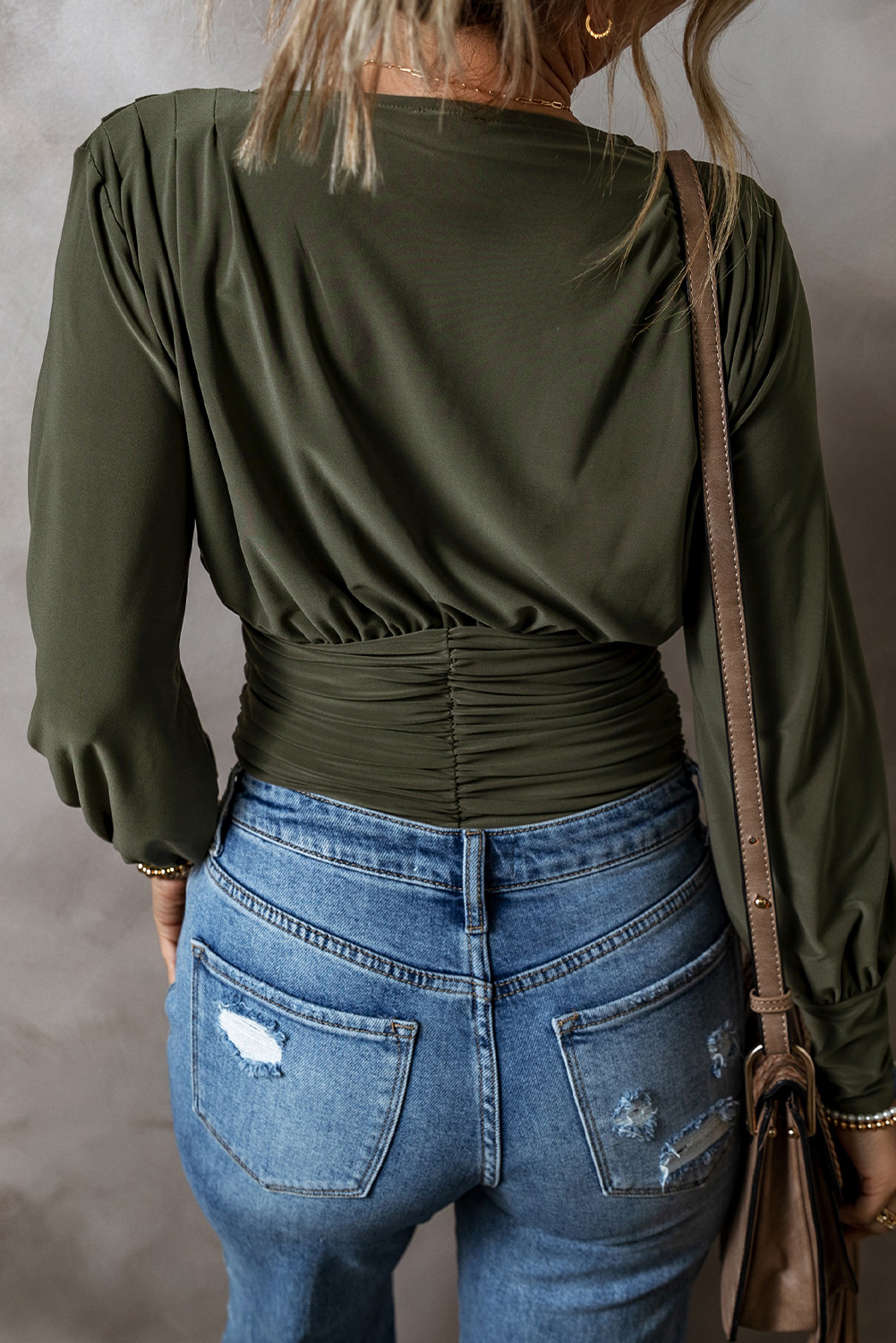 Women's Moss Green Ruched Wrap V Neck Long Sleeve Bodysuit - Detail View 6 Women's Moss Green Ruched Wrap V Neck Long Sleeve Bodysuit - Detail View 6