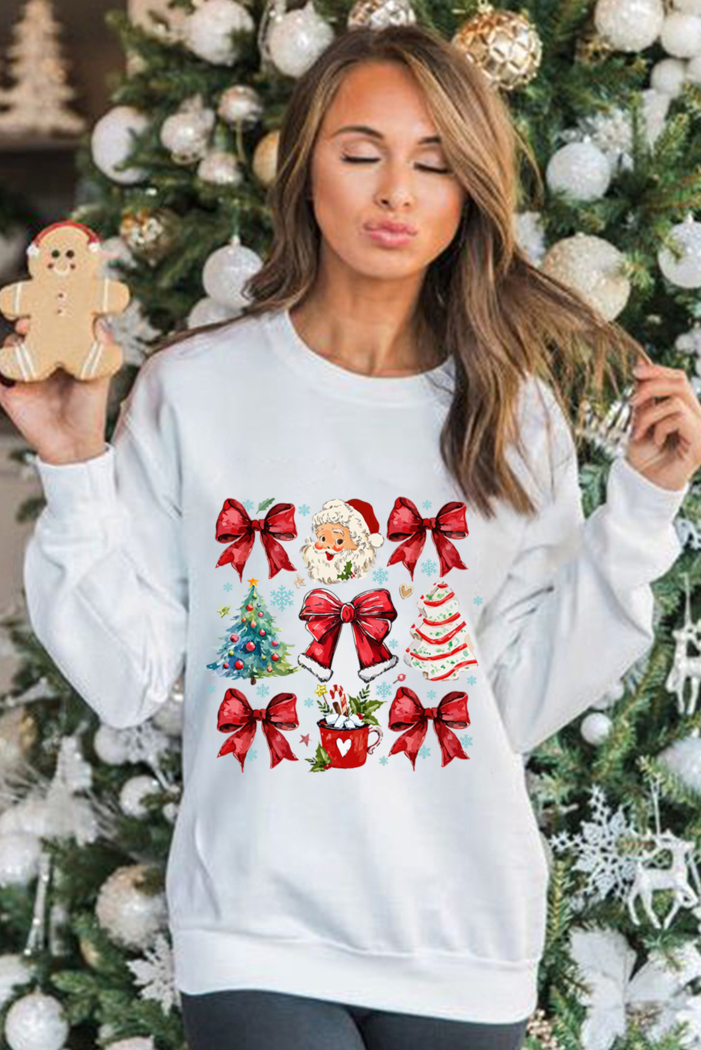 Women's Sweatshirt, Christmas Graphic, Santa Clause, Beige, Holiday Apparel, Casual Style, Crew Neck, Drop Shoulder, Comfortable, Durable Material, Christmas Tree, Bowknot Design, Long Sleeve, Daily Wear, Graphic Sweatshirts - Detail View 4 Women's Sweatshirt, Christmas Graphic, Santa Clause, Beige, Holiday Apparel, Casual Style, Crew Neck, Drop Shoulder, Comfortable, Durable Material, Christmas Tree, Bowknot Design, Long Sleeve, Daily Wear, Graphic Sweatshirts - Detail View 4