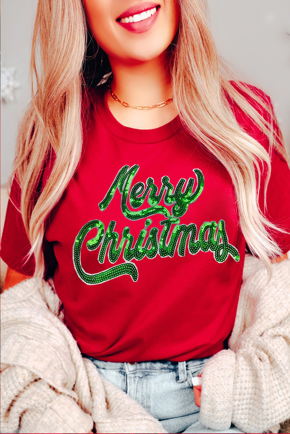 Joyful Christmas Vibe: Casual Red Graphic Tee with Round Neck - Detail View 2 Joyful Christmas Vibe: Casual Red Graphic Tee with Round Neck - Detail View 2