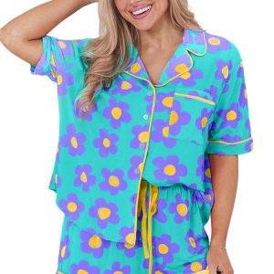 Women's Floral Pajama Set, Short Sleeve Button Down Loungewear - Main View