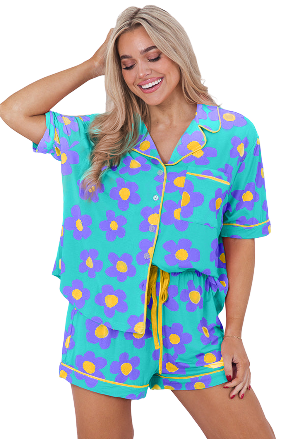 Women's Floral Pajama Set, Short Sleeve Button Down Loungewear - Main View Women's Floral Pajama Set, Short Sleeve Button Down Loungewear - Main View