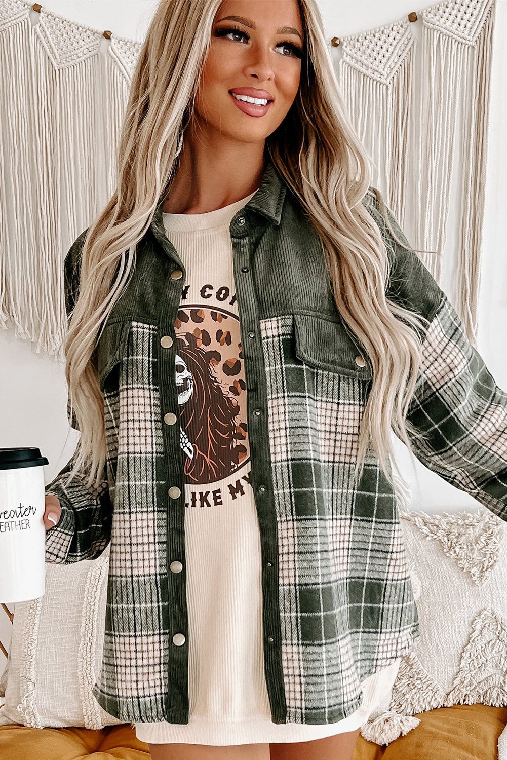 Trendy Corduroy Patchwork Plaid Jacket - Blackish Green - Detail View 7 Trendy Corduroy Patchwork Plaid Jacket - Blackish Green - Detail View 7
