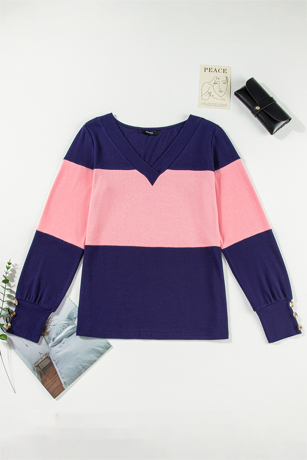 Women's Blue Stripe Colorblock Long Sleeve V Neck Top - Detail View 6 Women's Blue Stripe Colorblock Long Sleeve V Neck Top - Detail View 6