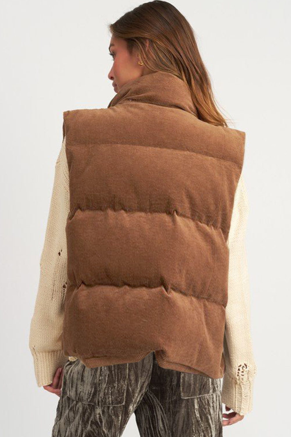Elegant and Cozy Women's Vest - Coffee Corduroy with Zip Closure - Detail View 3 Elegant and Cozy Women's Vest - Coffee Corduroy with Zip Closure - Detail View 3