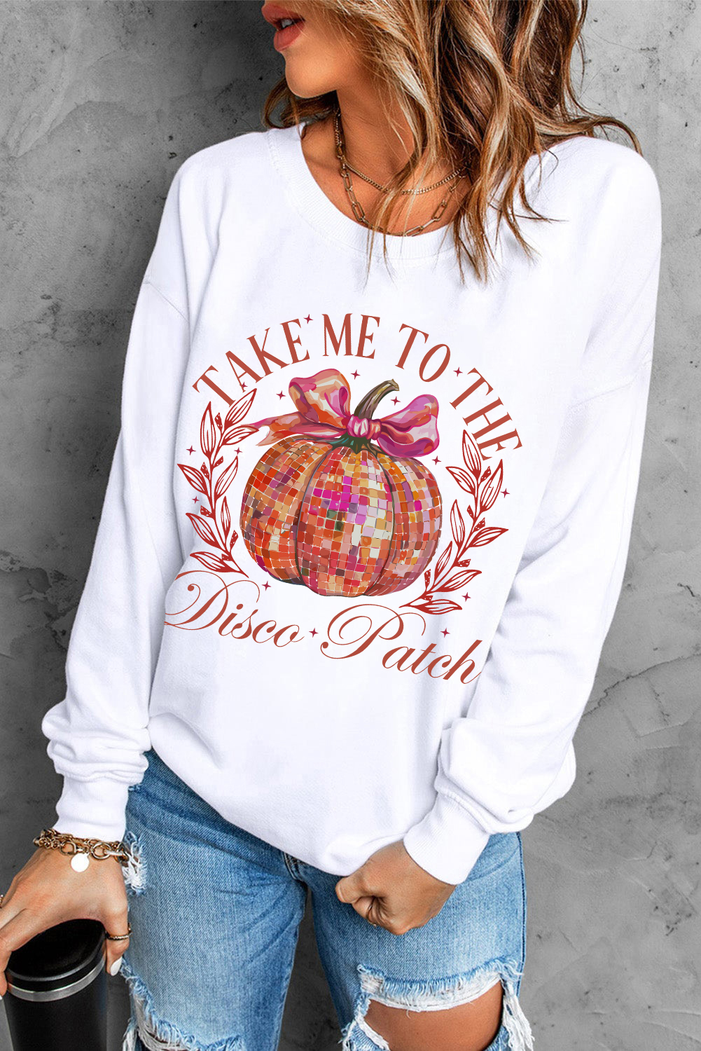 Women's Beige Disco Ball Pumpkin Print Pullover Sweatshirt - Detail View 6 Women's Beige Disco Ball Pumpkin Print Pullover Sweatshirt - Detail View 6