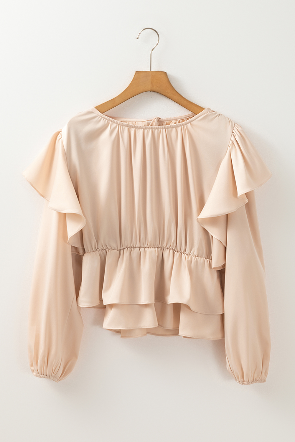Chic Solid Oatmeal Blouse with Keyhole Back and Ruffled Peplum Hem - Detail View 10 Chic Solid Oatmeal Blouse with Keyhole Back and Ruffled Peplum Hem - Detail View 10