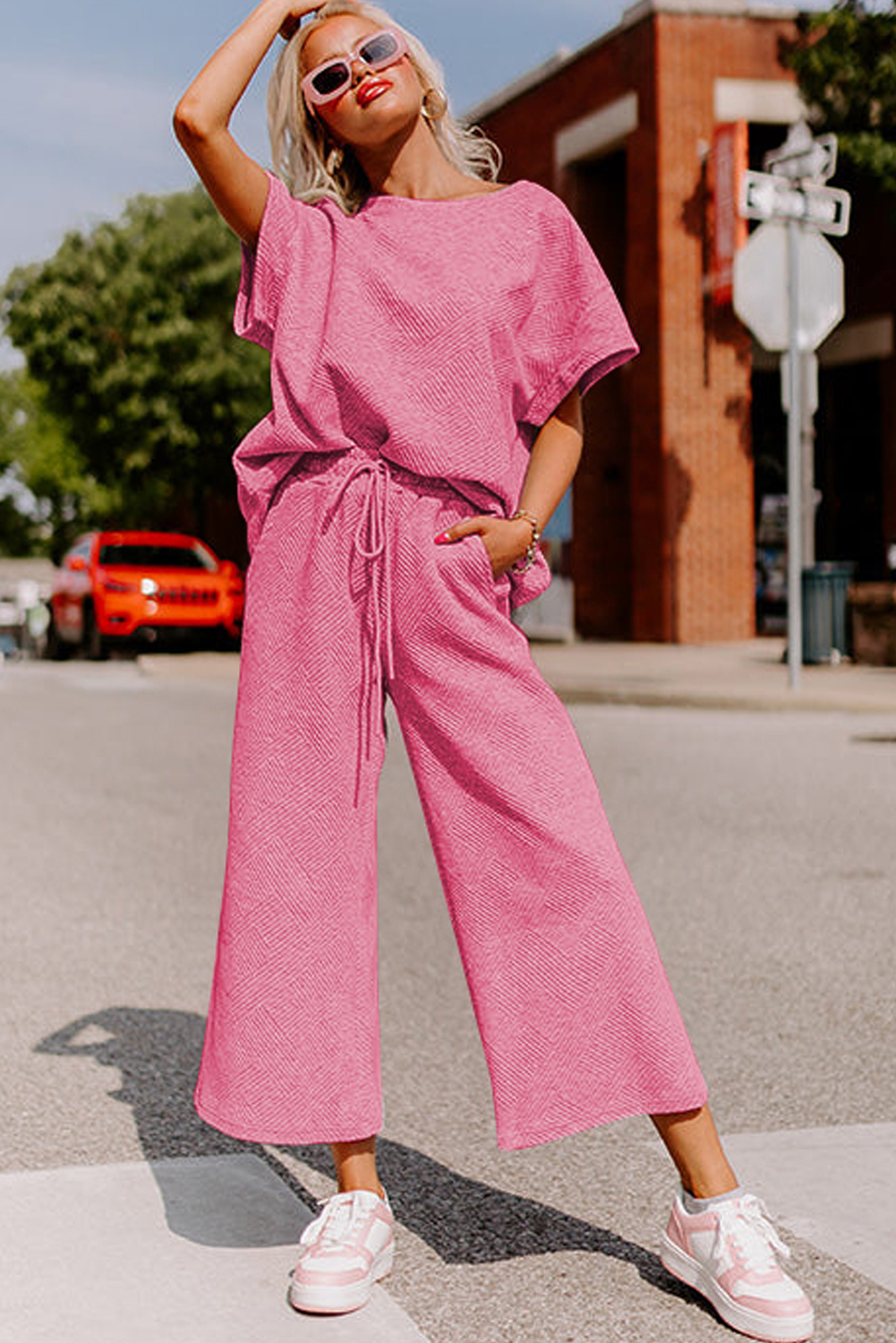 Women's Textured Two Piece Set, Wide Leg Drawstring Outfit - Detail View 6 Women's Textured Two Piece Set, Wide Leg Drawstring Outfit - Detail View 6