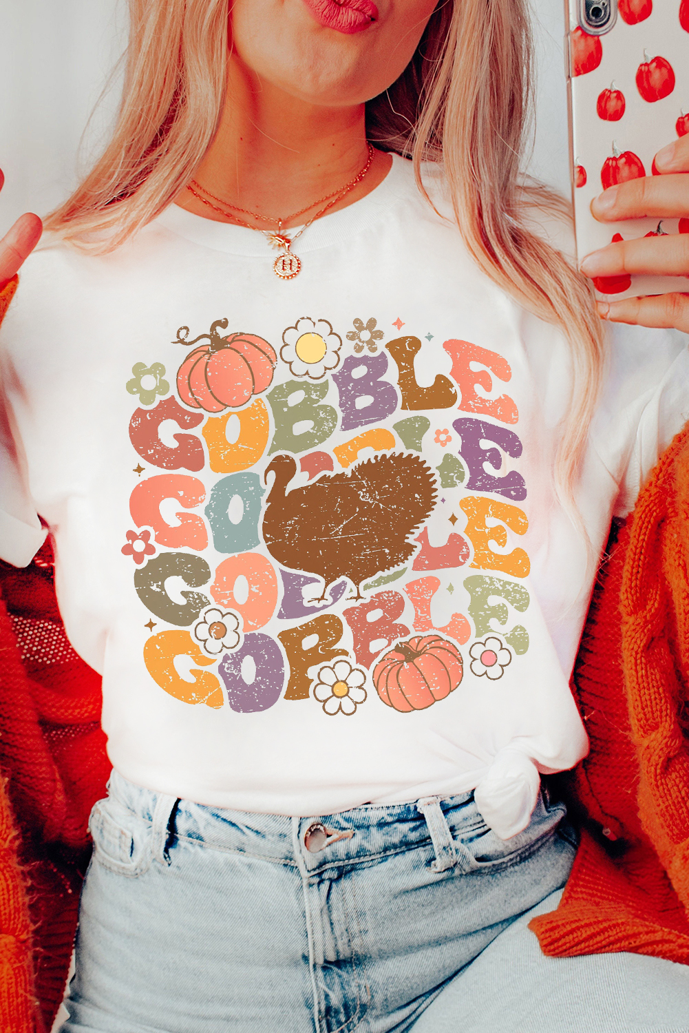Trendy Gobble Turkey Graphic Tee for Thanksgiving - Soft Cotton Blend - Detail View 2 Trendy Gobble Turkey Graphic Tee for Thanksgiving - Soft Cotton Blend - Detail View 2