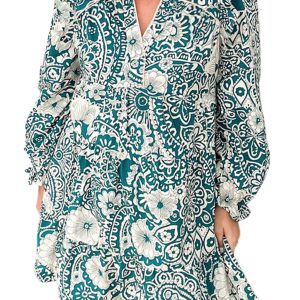 Plus Size Women's Green Floral Flounce Sleeve Split Neck Mini Dress - Main View