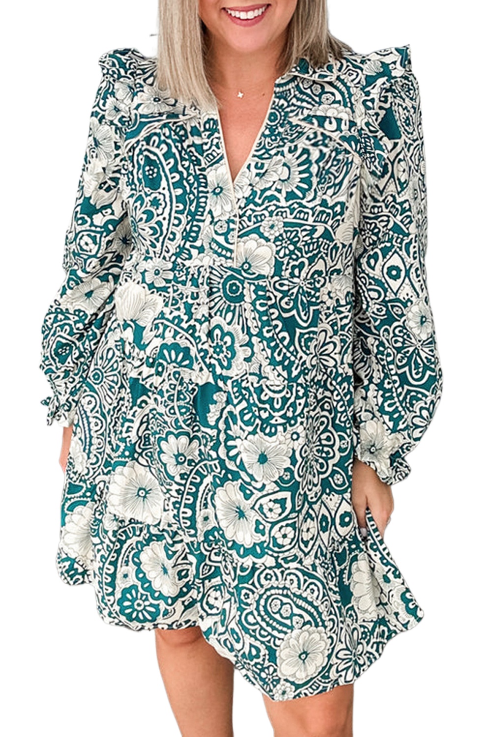 Plus Size Women's Green Floral Flounce Sleeve Split Neck Mini Dress - Main View Plus Size Women's Green Floral Flounce Sleeve Split Neck Mini Dress - Main View