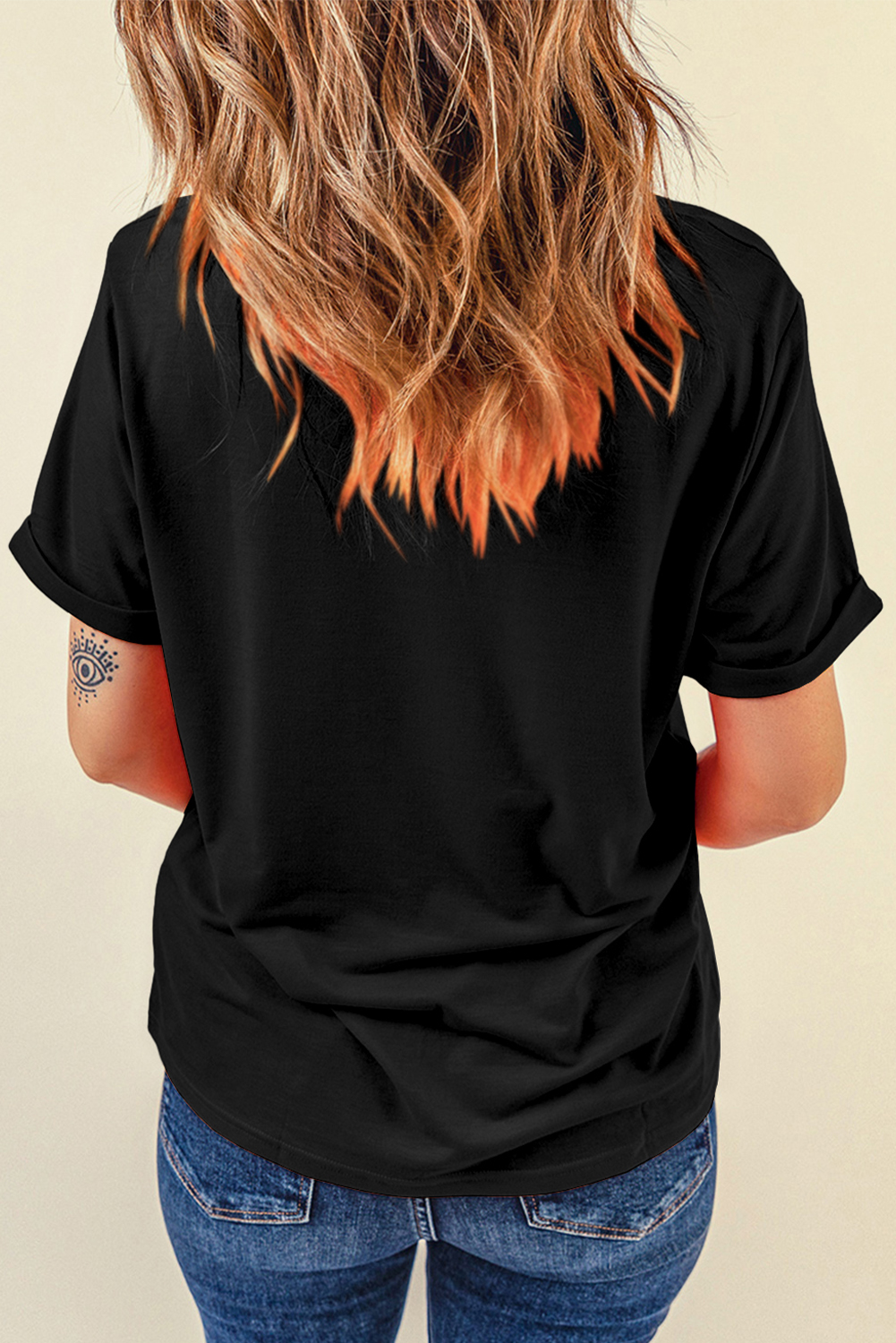 Women's Black Rhinestone USA Flag Stripes and Stars LOVE Graphic T-Shirt - Detail View 6 Women's Black Rhinestone USA Flag Stripes and Stars LOVE Graphic T-Shirt - Detail View 6