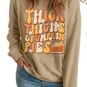 Women's Khaki Pumpkin Pies Graphic Sweatshirt - Fun Drop Shoulder Design for Fall - Main View