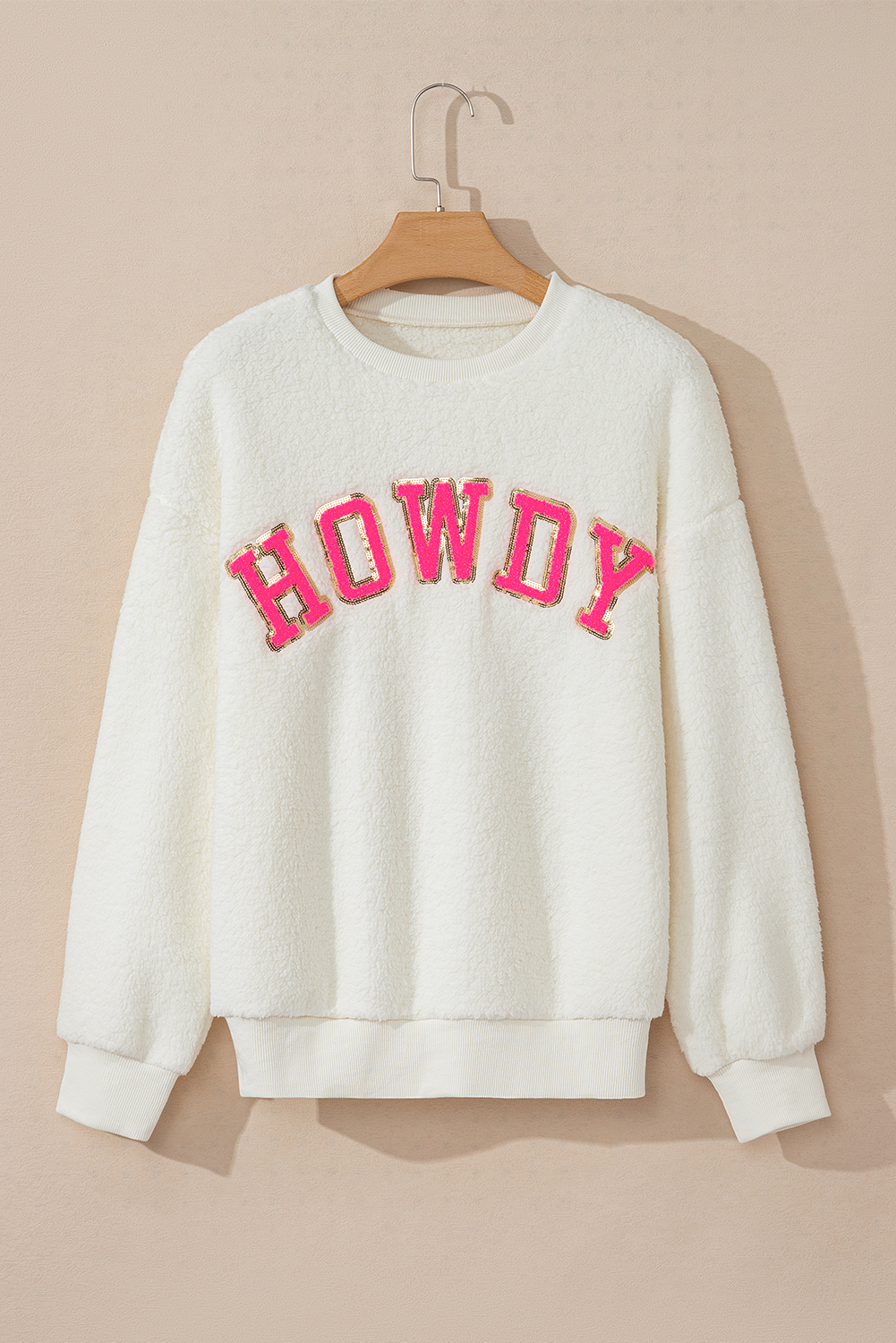 Casual Crew Neck Sweatshirt with Fun HOWDY Patch - Perfect for Daily Wear - Detail View 6 Casual Crew Neck Sweatshirt with Fun HOWDY Patch - Perfect for Daily Wear - Detail View 6