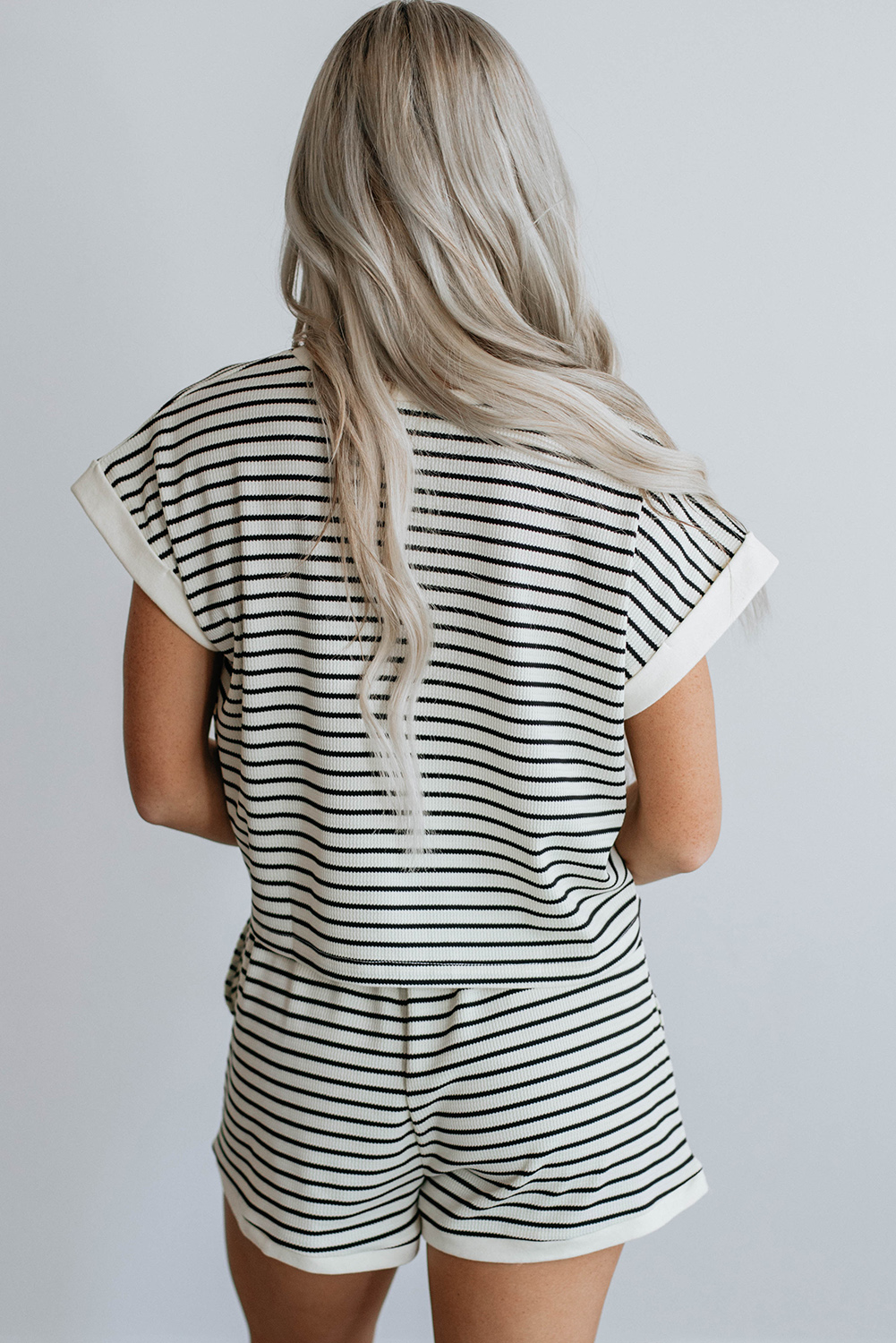 Summer Striped Lounge Set, Women's Casual Ribbed Two Piece Outfit - Detail View 2 Summer Striped Lounge Set, Women's Casual Ribbed Two Piece Outfit - Detail View 2