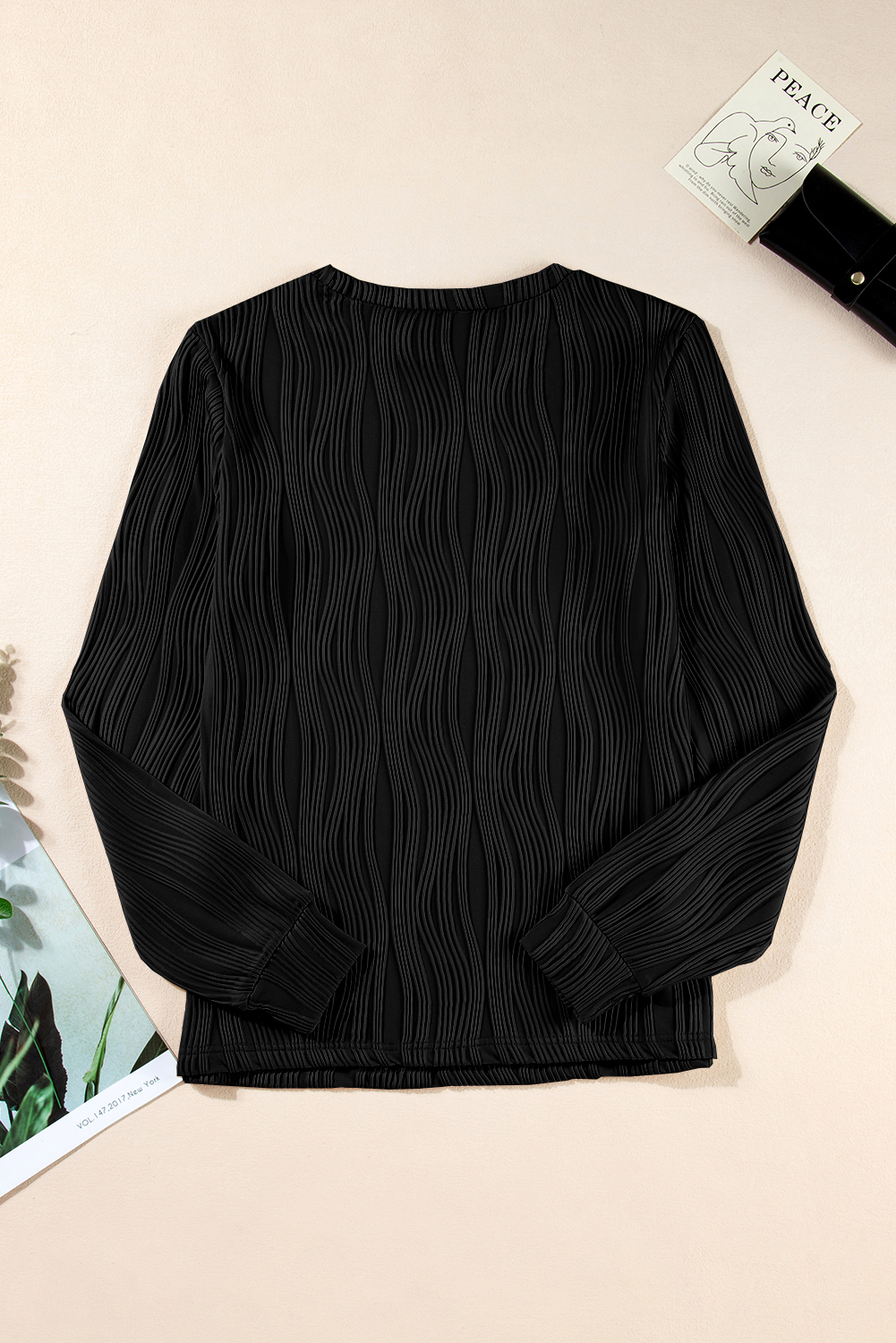 Classic Round Neck Long Sleeve Top - Textured Black - Detail View 7 Classic Round Neck Long Sleeve Top - Textured Black - Detail View 7