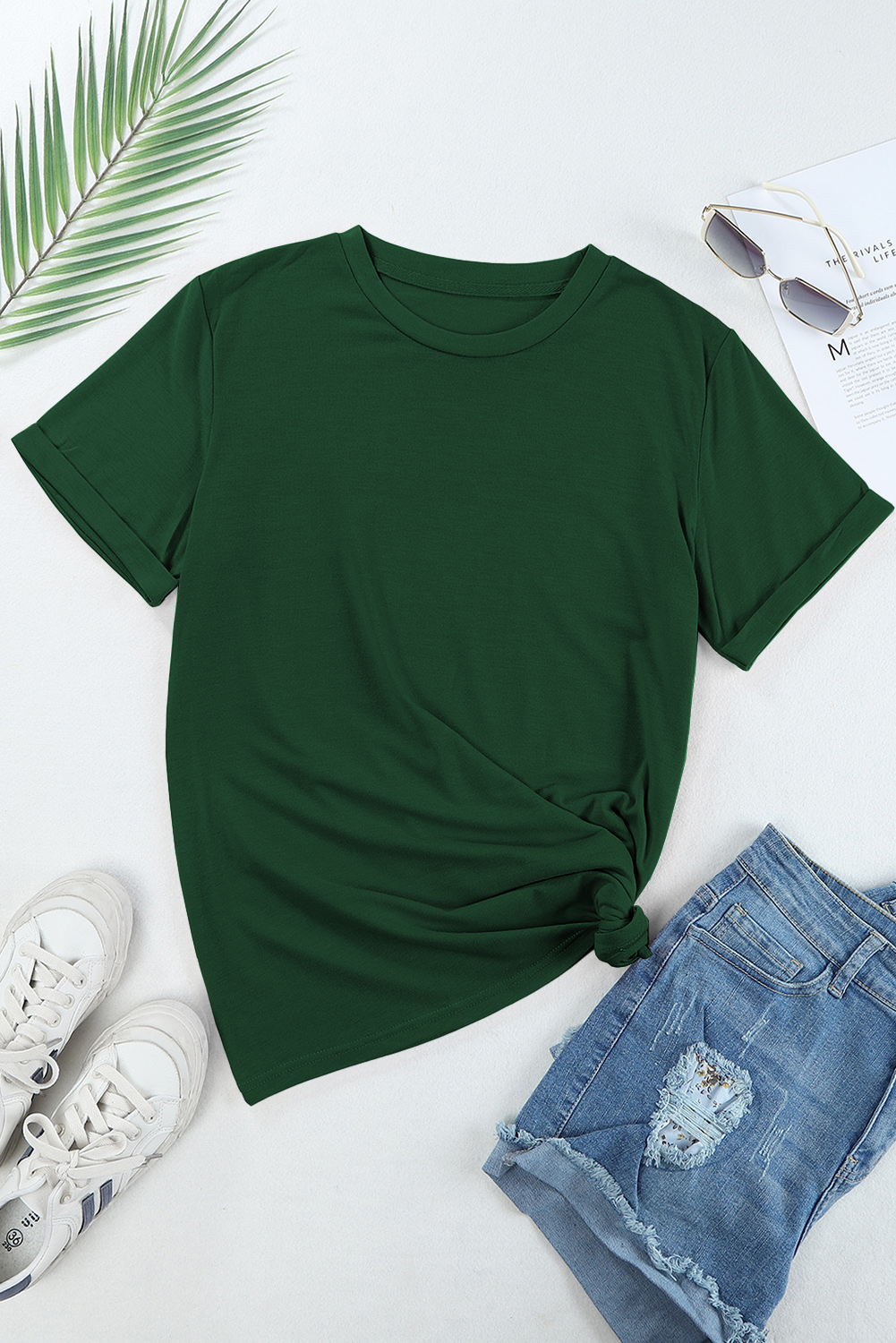 Green Short Sleeve Tee, Casual Round Neck Women's Summer Top - Detail View 6 Green Short Sleeve Tee, Casual Round Neck Women's Summer Top - Detail View 6