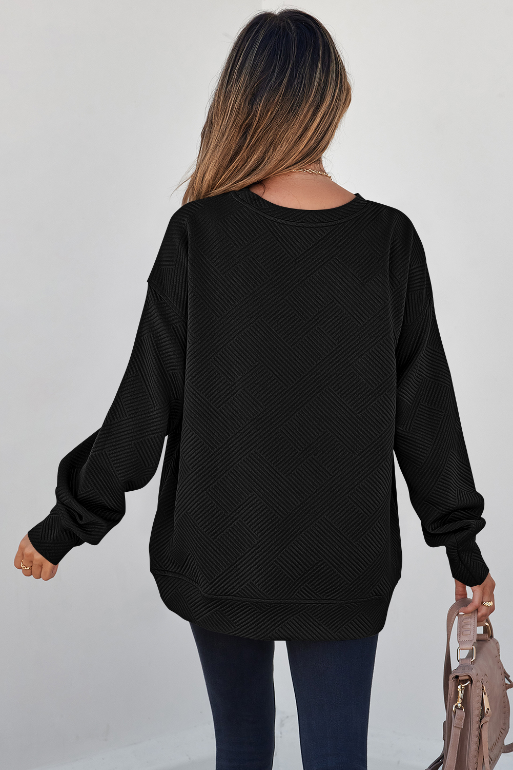 Women's Solid Black Pullover, Textured Drop Shoulder - Detail View 2 Women's Solid Black Pullover, Textured Drop Shoulder - Detail View 2