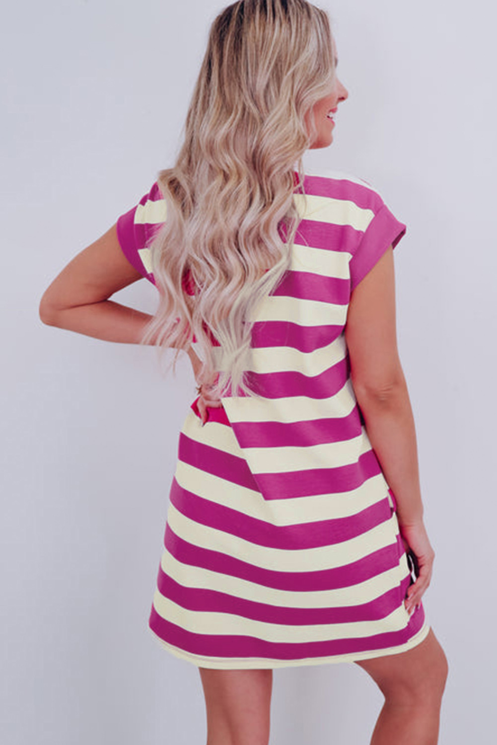Stylish Round Neck Shift Dress: Cap Sleeve, Mini Length, Pink Striped - Detail View 3 Stylish Round Neck Shift Dress: Cap Sleeve, Mini Length, Pink Striped - Detail View 3