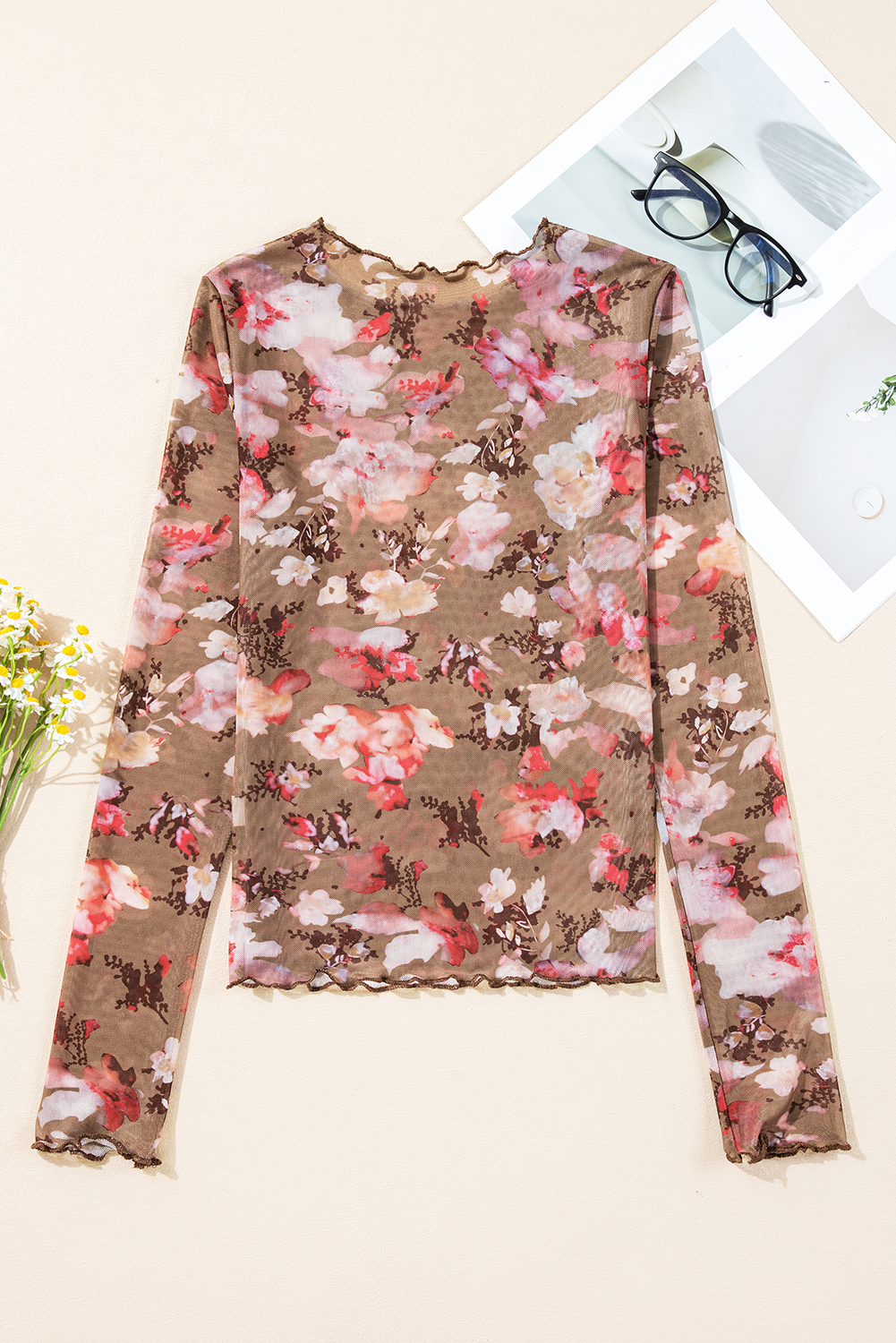 Women's Top, Red Floral Print, Sheer Mesh, Long Sleeve, Slim Fit, Casual, Spring Fashion, Elegant Style, Crew Neck, Versatile, Daily Wear, Country Style, Tops, Best Sellers - Detail View 8 Women's Top, Red Floral Print, Sheer Mesh, Long Sleeve, Slim Fit, Casual, Spring Fashion, Elegant Style, Crew Neck, Versatile, Daily Wear, Country Style, Tops, Best Sellers - Detail View 8