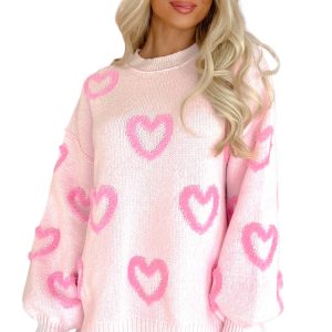 Women's Pink Heart Shape Bubble Sleeve Baggy Sweater - Cozy Casual Fashion - Main View