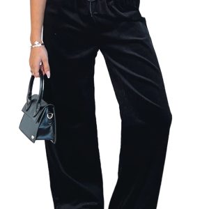 Women's Black Solid Wide Leg Pants with Drawstring Waist - Main View