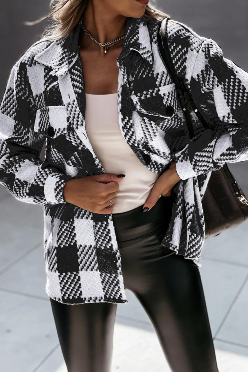 Modern Plaid Shirt Jacket, Long Sleeve Casual Winter Shacket - Detail View 2 Modern Plaid Shirt Jacket, Long Sleeve Casual Winter Shacket - Detail View 2