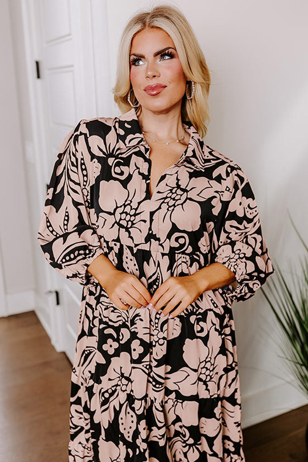 Plus Size Dress, Floral Maxi Dress, Puff Sleeve, Collared Neckline, Black Dress, Vintage Charm, Flattering Fit, Daily Wear, Casual Style, H-Line Silhouette, Long Length, High Waist, Women's Fashion, Spring Dress - Detail View 4 Plus Size Dress, Floral Maxi Dress, Puff Sleeve, Collared Neckline, Black Dress, Vintage Charm, Flattering Fit, Daily Wear, Casual Style, H-Line Silhouette, Long Length, High Waist, Women's Fashion, Spring Dress - Detail View 4