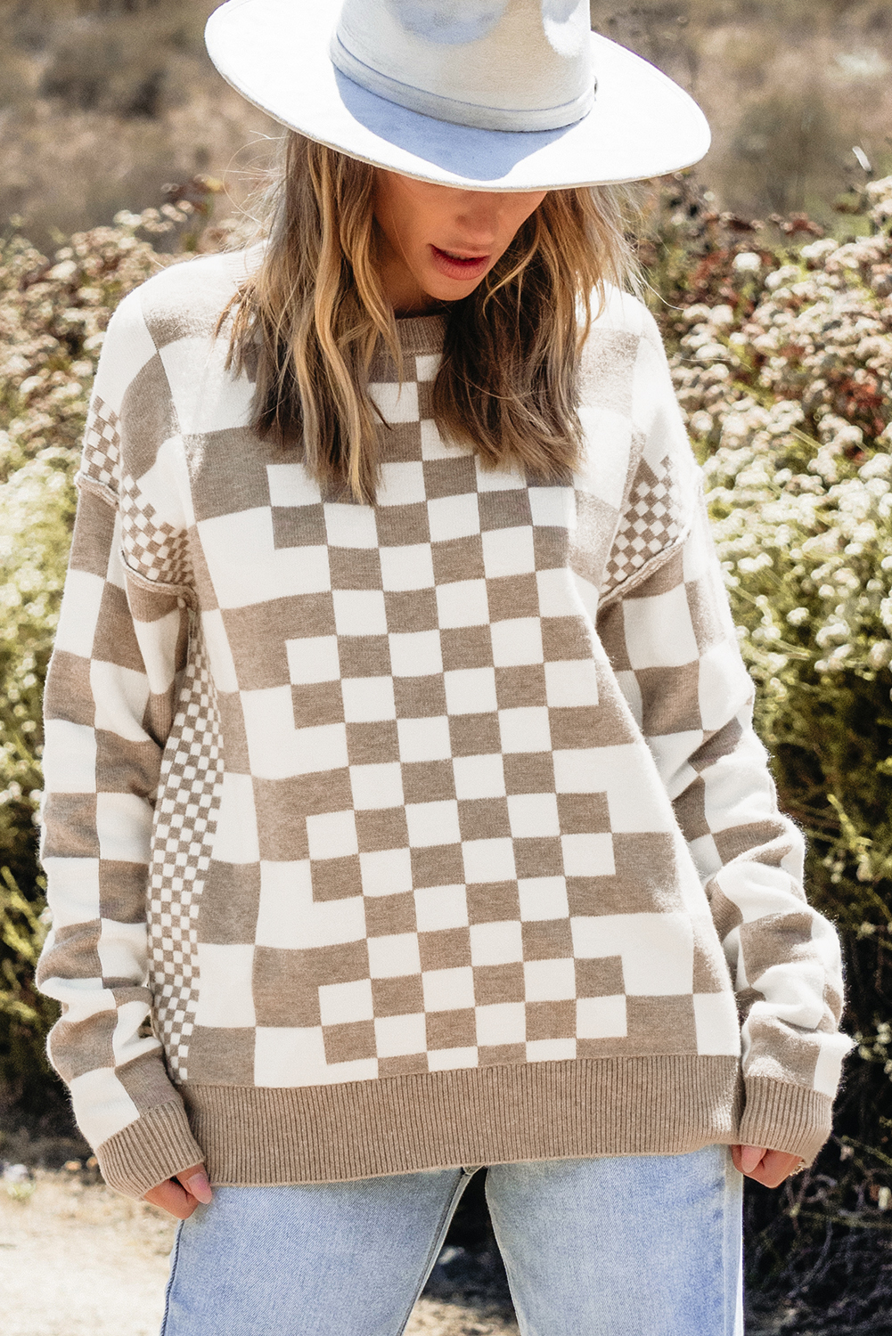 Soft Khaki Checkered Pullover, Casual Autumn Long Sleeve Top - Detail View 6 Soft Khaki Checkered Pullover, Casual Autumn Long Sleeve Top - Detail View 6