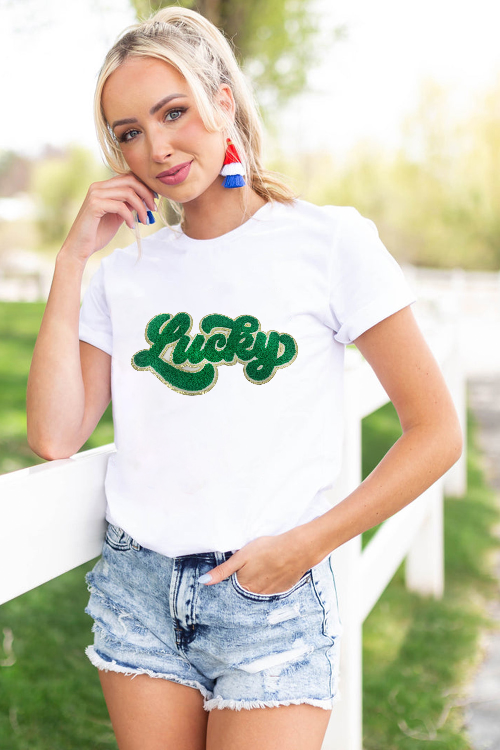 Women's Graphic Letter T Shirt, Glitter Chenille Casual Top - Detail View 3 Women's Graphic Letter T Shirt, Glitter Chenille Casual Top - Detail View 3