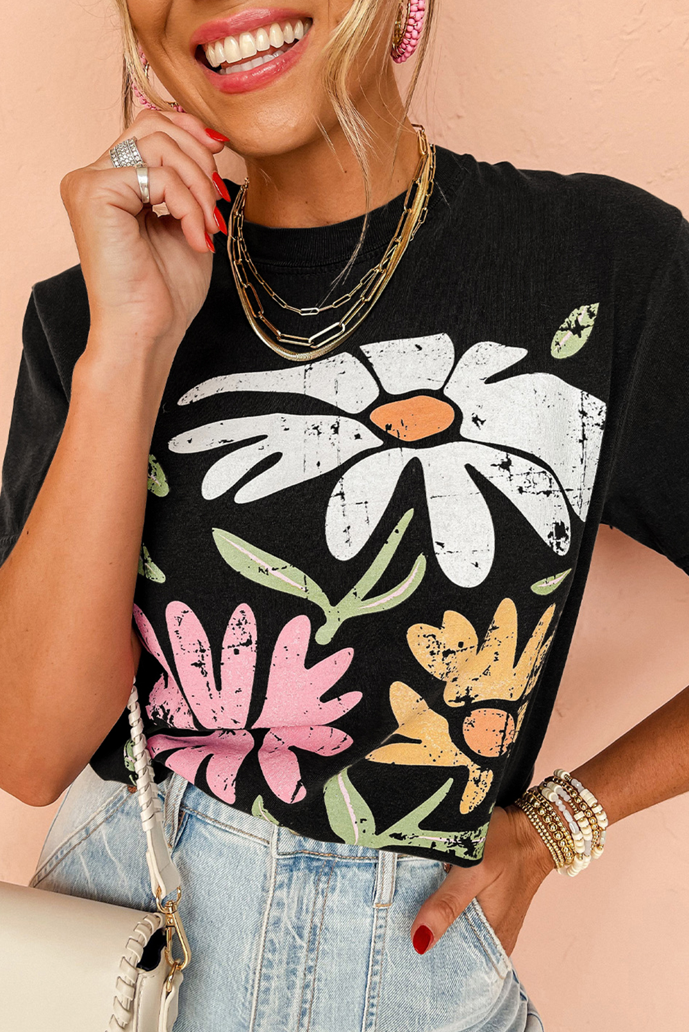 Retro Floral Print Tee - Black Crew Neck Shirt for Everyday Wear - Detail View 2 Retro Floral Print Tee - Black Crew Neck Shirt for Everyday Wear - Detail View 2