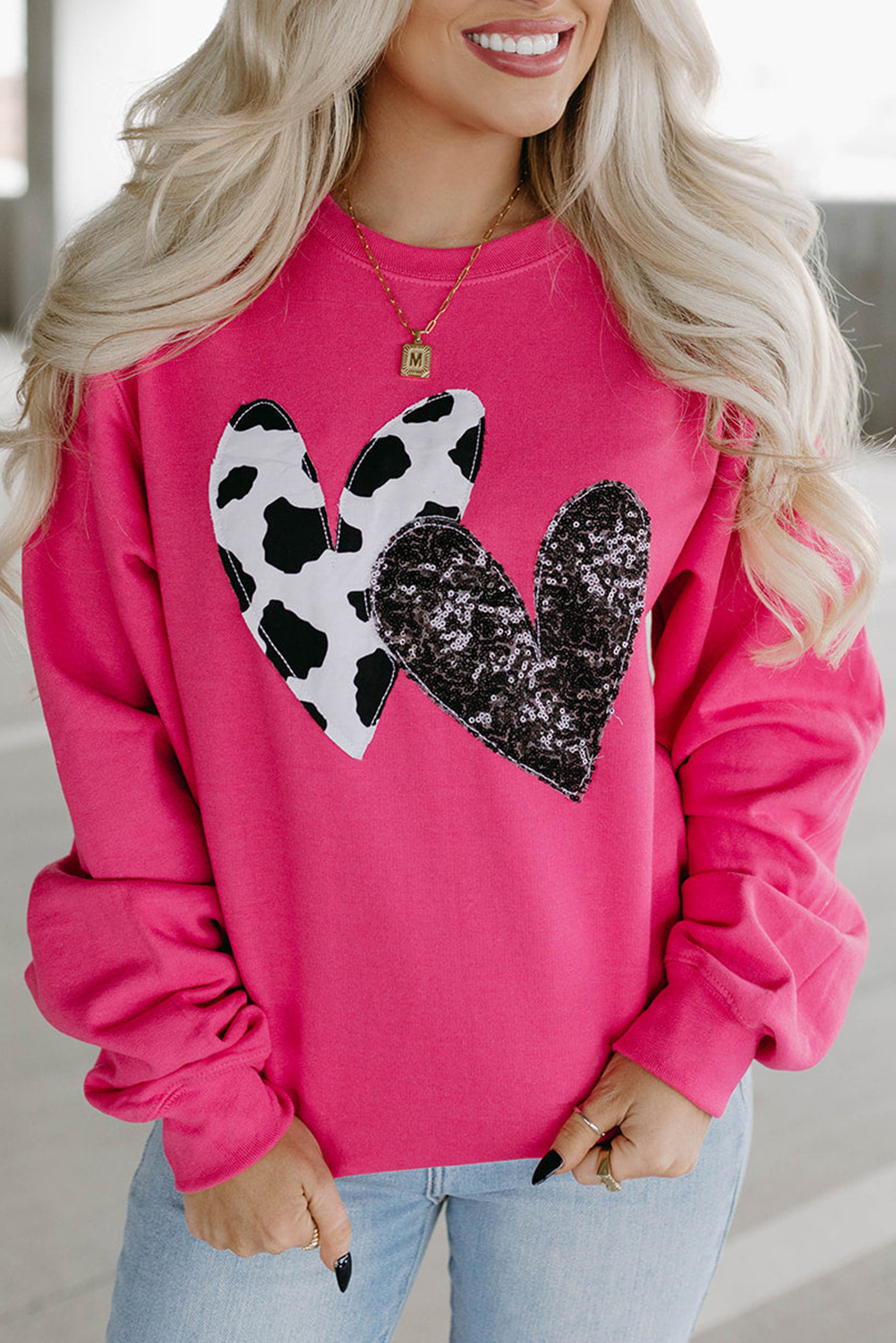 Casual Long Sleeve Pullover, Cow Print Heart Applique Top - Detail View 2 Casual Long Sleeve Pullover, Cow Print Heart Applique Top - Detail View 2