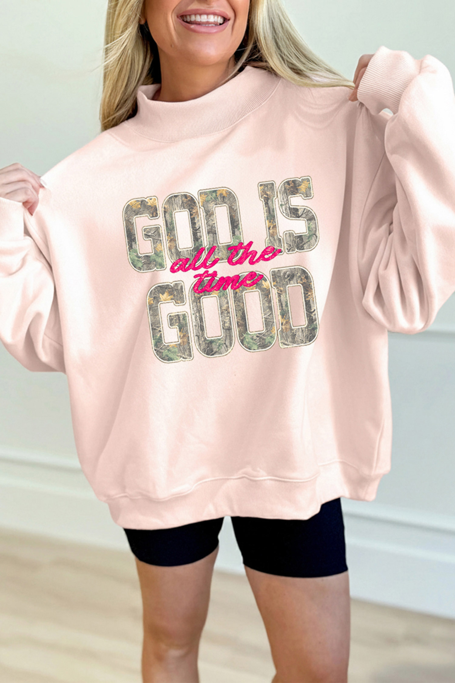 Autumn Mock Neck Sweatshirt, Women's Apricot Pink Slogan Top - Detail View 3 Autumn Mock Neck Sweatshirt, Women's Apricot Pink Slogan Top - Detail View 3