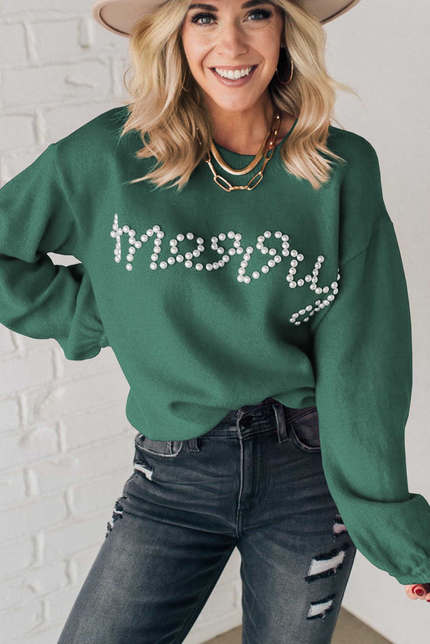 Women's Sweater, Blackish Green, Pearl Beaded, Casual, Christmas Pattern, Holiday Fashion, Long Sleeve, Cozy, Autumn Wear, Festive Style, Round Neck, Daily Wear, Elegant, Comfortable, Sweaters & Cardigans - Detail View 4 Women's Sweater, Blackish Green, Pearl Beaded, Casual, Christmas Pattern, Holiday Fashion, Long Sleeve, Cozy, Autumn Wear, Festive Style, Round Neck, Daily Wear, Elegant, Comfortable, Sweaters & Cardigans - Detail View 4