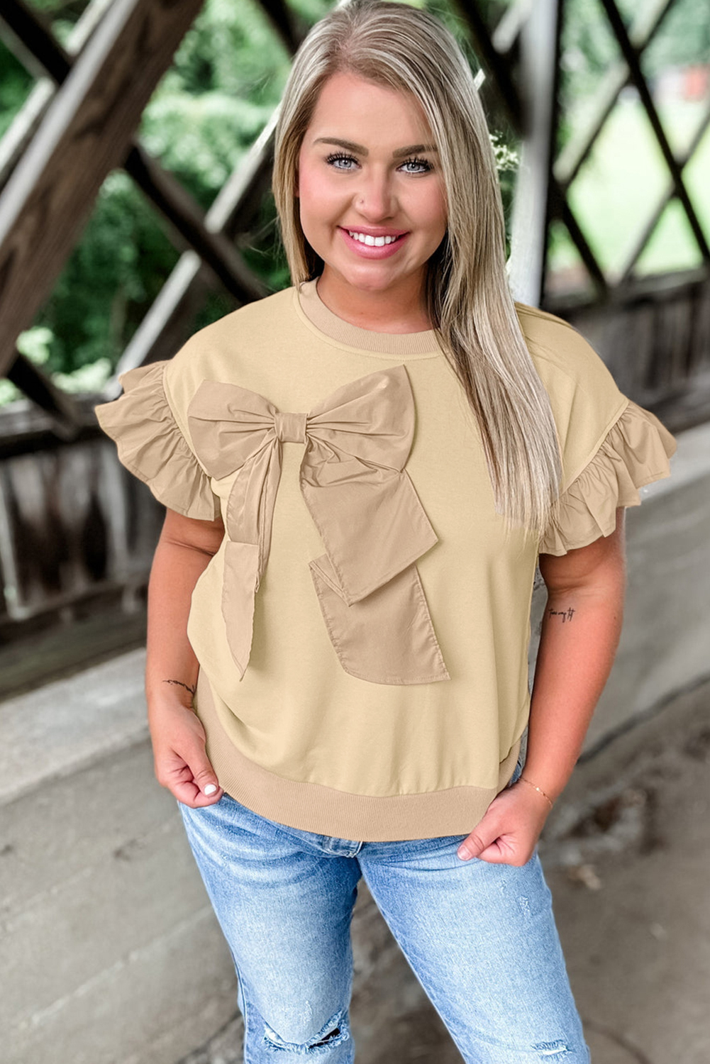 Women's Plus Size Top, Parchment Color, Ruffled Short Sleeve, Bowknot Applique, Casual Blouse, Round Neck, Comfortable Fabric, Daily Wear, Summer Fashion, Solid Color, Feminine Style, Shift Silhouette, Plus Size Blouses & Shirts, Versatile Tops, Neat Stitching - Detail View 8 Women's Plus Size Top, Parchment Color, Ruffled Short Sleeve, Bowknot Applique, Casual Blouse, Round Neck, Comfortable Fabric, Daily Wear, Summer Fashion, Solid Color, Feminine Style, Shift Silhouette, Plus Size Blouses & Shirts, Versatile Tops, Neat Stitching - Detail View 8