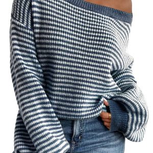 Women's Striped Lantern Sleeve Drop Shoulder Cozy Sweater - Sail Blue - Main View