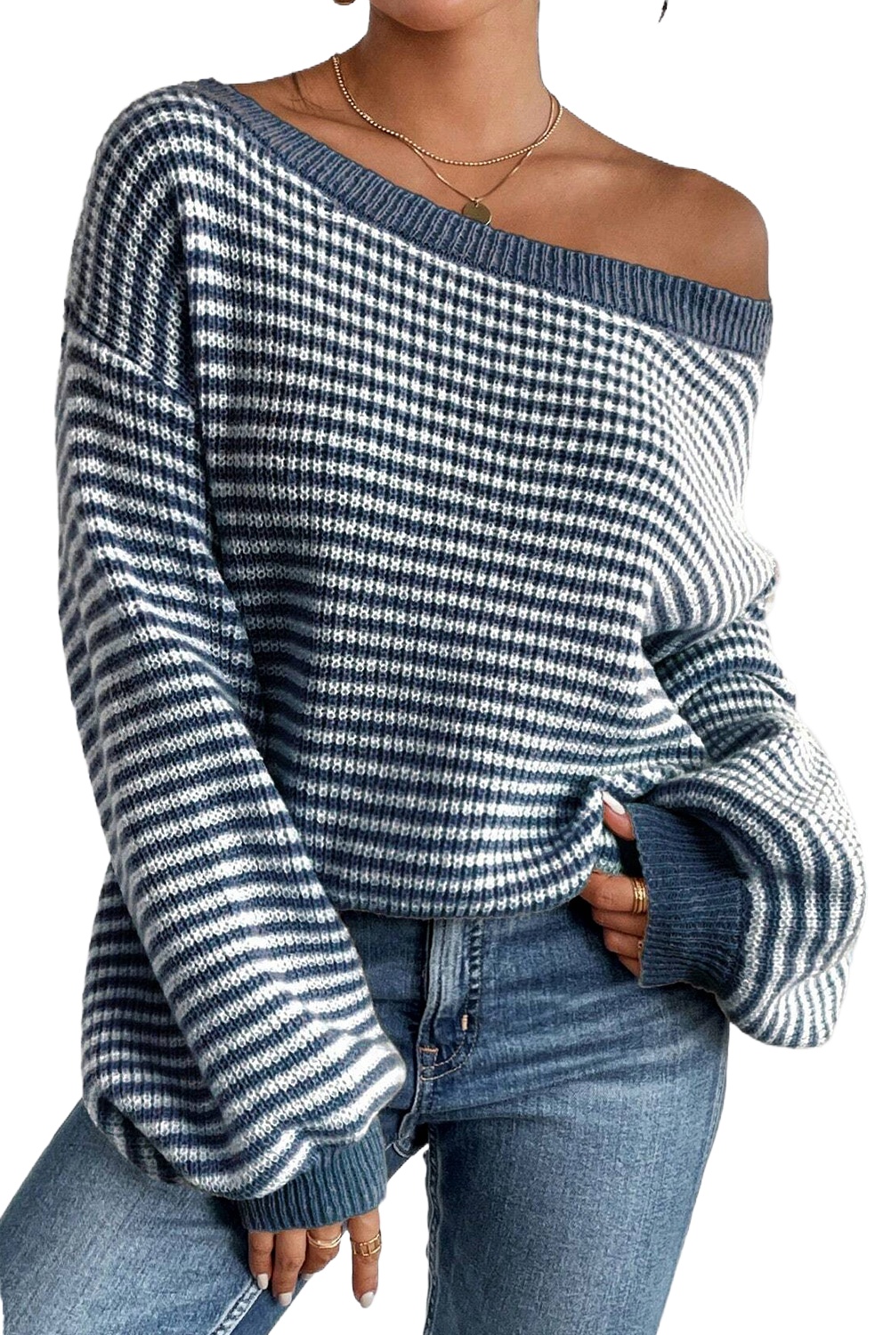 Women's Striped Lantern Sleeve Drop Shoulder Cozy Sweater - Sail Blue - Main View Women's Striped Lantern Sleeve Drop Shoulder Cozy Sweater - Sail Blue - Main View