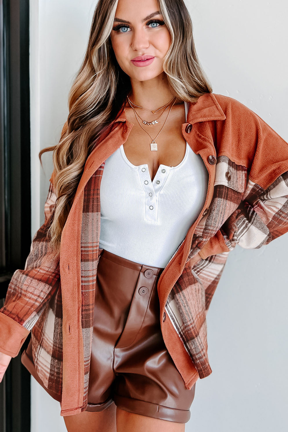 Trendy Khaki Plaid Colorblock Shacket - Versatile Button-Up Outerwear for Women - Detail View 6 Trendy Khaki Plaid Colorblock Shacket - Versatile Button-Up Outerwear for Women - Detail View 6
