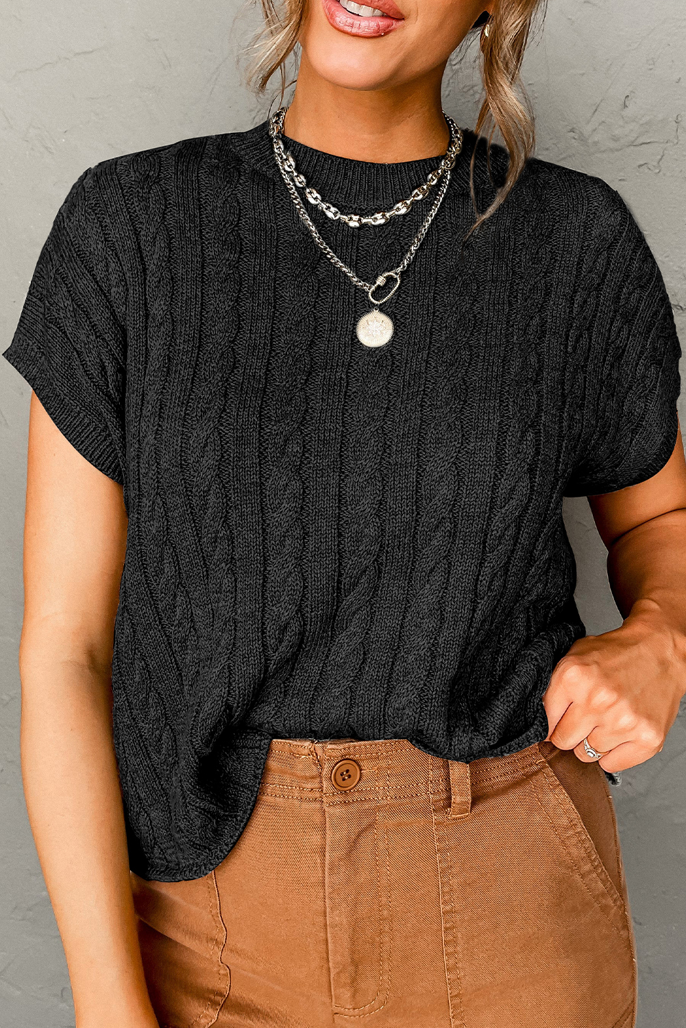 Black Short Sleeve Sweater, Textured Cable Knit Fall Top - Detail View 2 Black Short Sleeve Sweater, Textured Cable Knit Fall Top - Detail View 2
